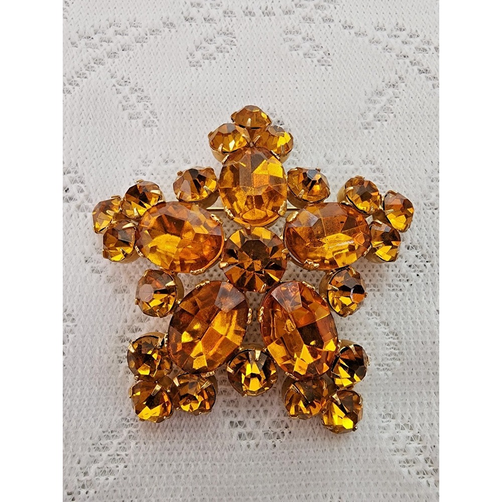 Vintage Rhinestone Statement Brooch Amber Gold Mid Century Starburst Retro Large